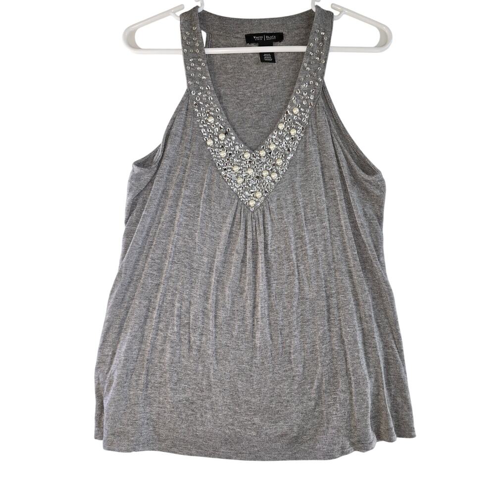 White House Rhinestone Bedazzled Gray Tank Top Blouse Size S
